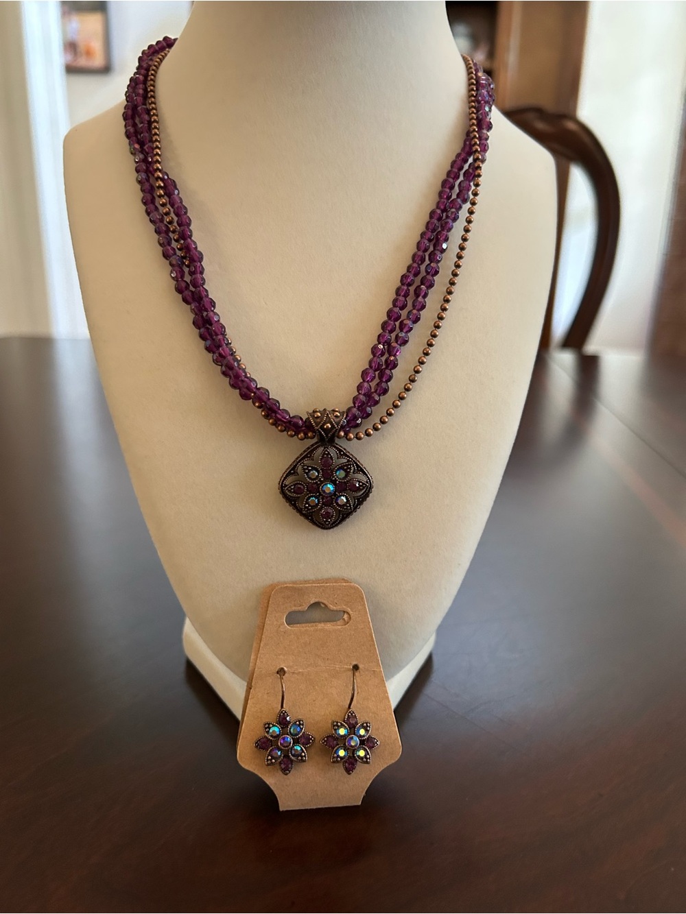 Purple Beaded Pendant Necklace with Iridescent Flower Earrings
